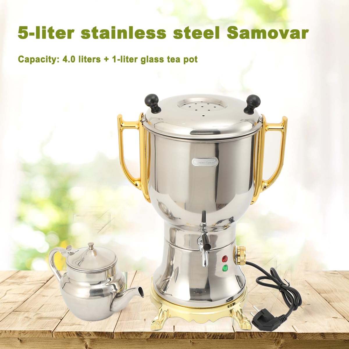 Edelstahl Holzkohle Samowar 5L, Russischer/Türkischer Samowar Elektrischer Teekocher, 4.0L Wasserbehälter + 1.0L Teekanne, 1800W Teekocher elektrisch für Hotel & Gastro geeignet