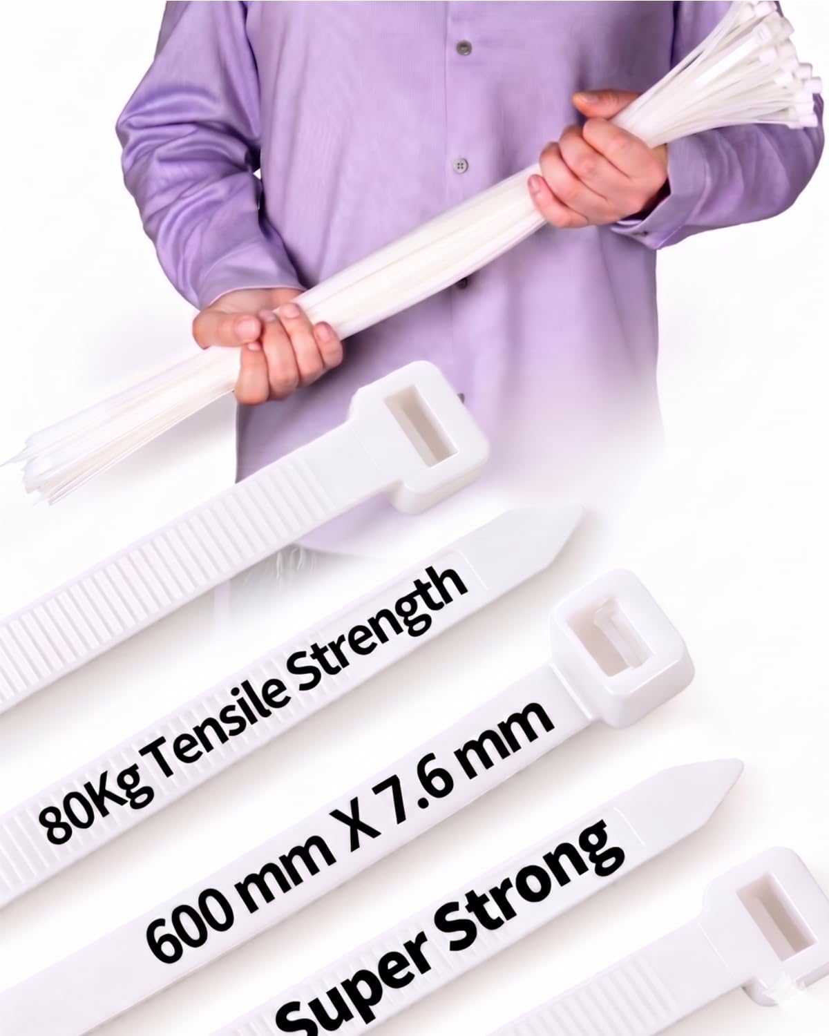 Shungran White 50Pcs Long Heavy Duty Cable Ties ,600Mm X 7.6Mm With 70 Kgs Ultra Strong Tensile Strength, Large Uv Resistant Extra Long Cable Zip Ties Wraps For Hvac Outdoor Construction