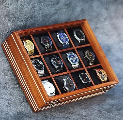 Image of Watch box for women & men, Wooden organizer, Handmade Holder For Men, Custom Valet Box with Brass Lock, Christmas, Anniversary, Valentine;s Day, Father's Day (Dark Brown 12 Slots)