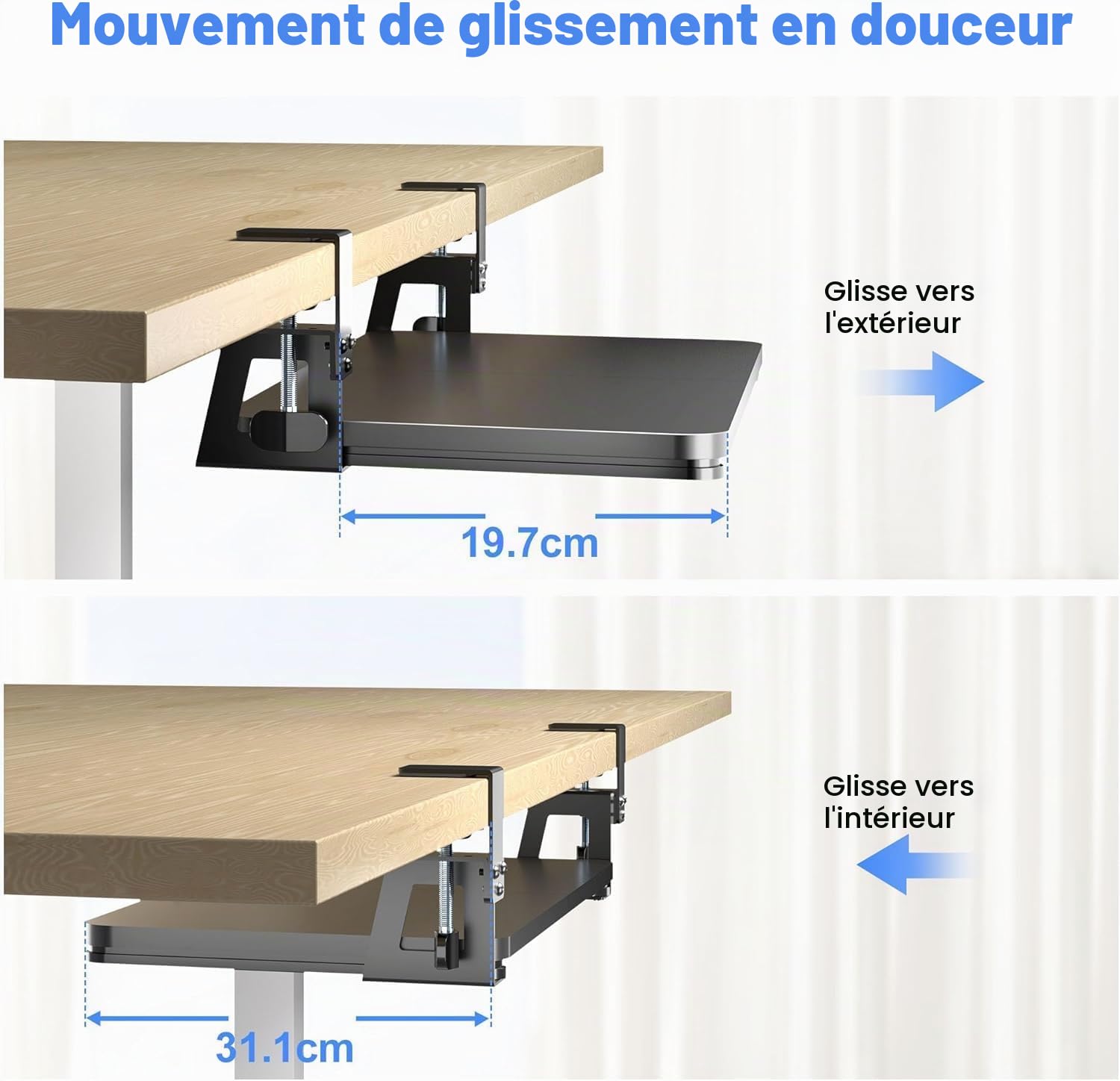 XINLEI Plateau de clavier sous le bureau - Grande pince en C - 65,5 cm (75,6 cm avec les pinces) x 31,1 cm Plateau coulissant pour clavier et souris DSF4 (75,6 cm)