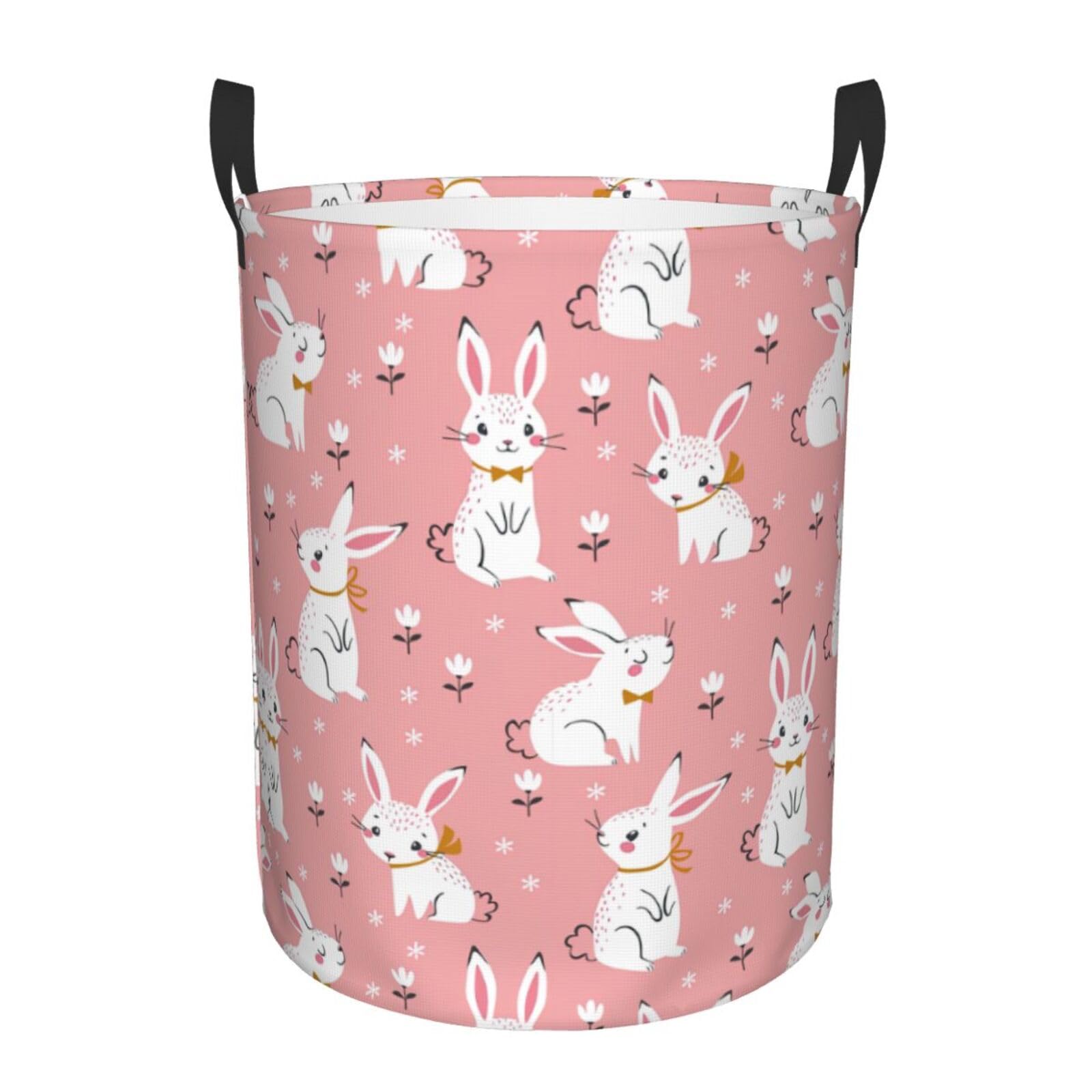 M Collapsible Round Cute White Rabbit Print Laundry Hamper