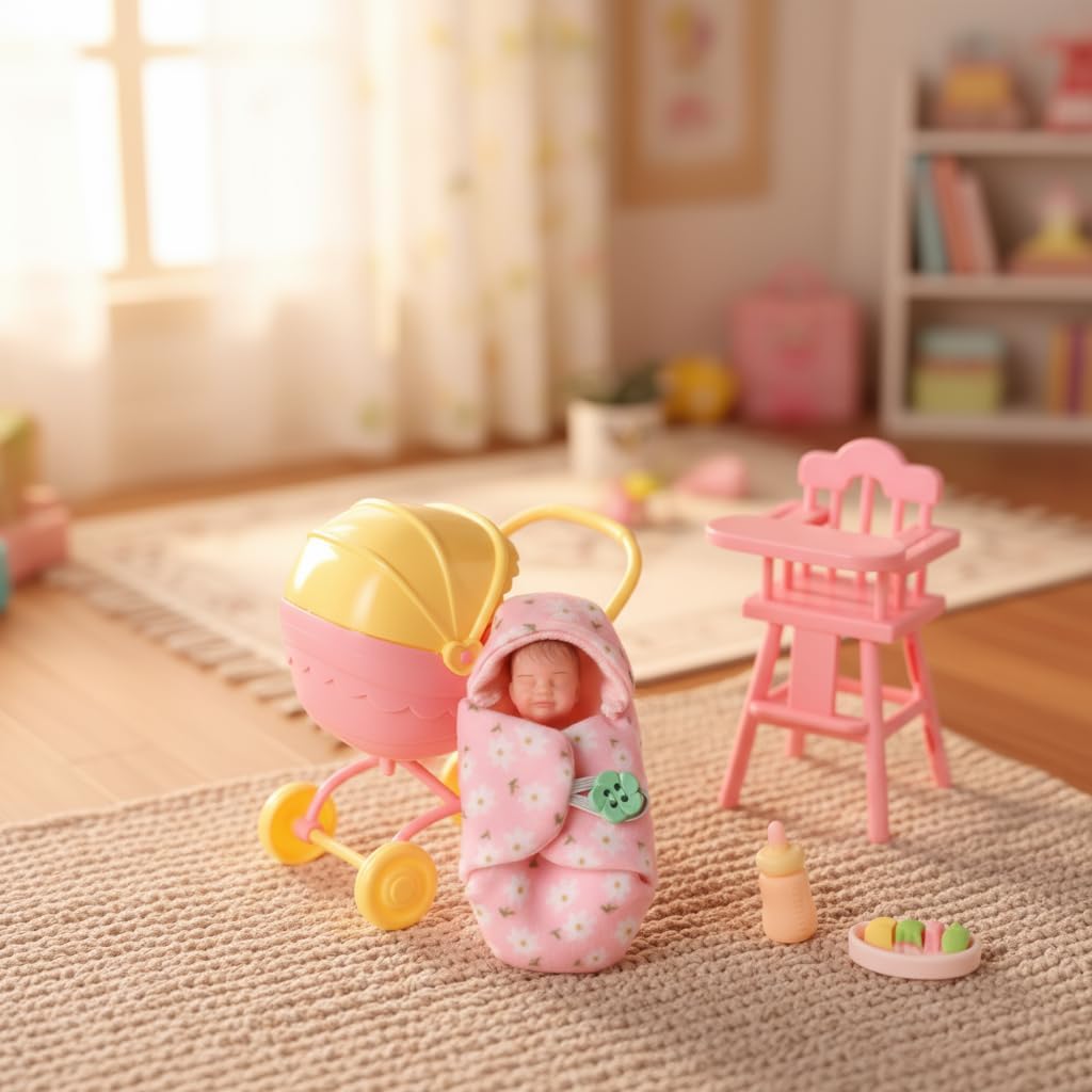 BABESIDE Mini Full Silicone Baby Doll Set – 4.5 Inch Realistic Sleeping Newborn Doll with Feeding Bottle, Stroller, High Chair & Gift Box, Soft Silicone Mini Reborn Baby Toy for Kids Age 3+