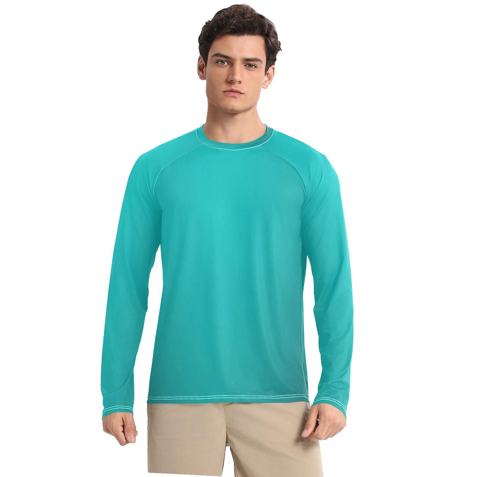 Bulletgxll Green Solid Color Men's Sun Protection Shirts UPF 50+ Long Sleeve UV Rash Guard Quick Dry Swim Shirts