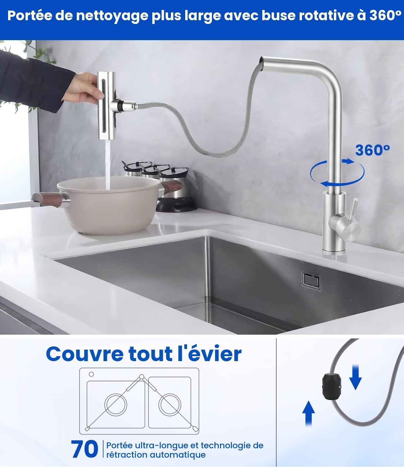Robinet Cuisine avec Douchette – Mitigeur de Cuisine Inox Rotatif 360° avec 4 Modes de Pulvérisation, Robinet de Cuisine avec Douchette Extractible pour Évier