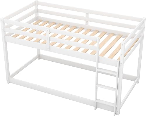 Miniatura 7 de Harper & Bright Designs Literas bajas de tamaño individual sobre cama individual para niños, base de cama de madera maciza con escalera, litera para