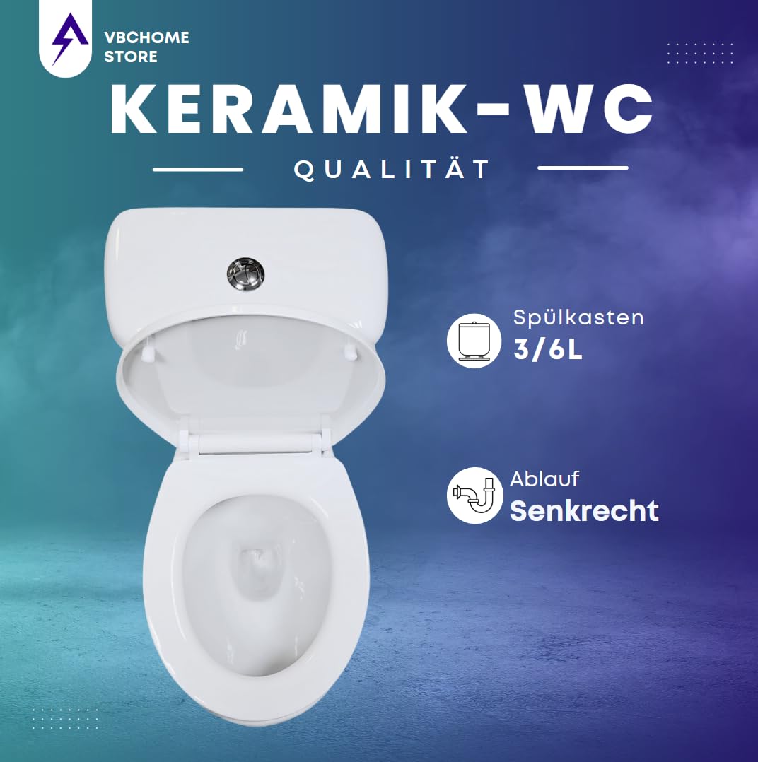 VBChome Set completo WC da terra in ceramica con sciacquone, sedile in polipropilene con abbassamento automatico funzione SoftClose, scarico verticale, igienico ed estetico