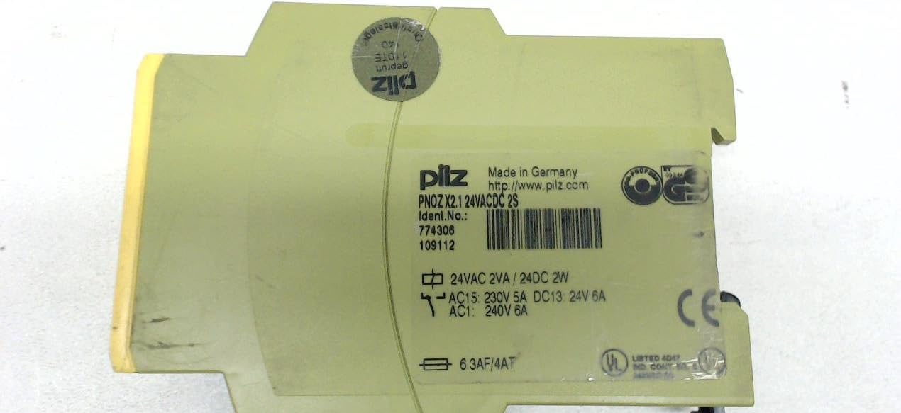 Rear view of Pilz PNOZ X2.1 safety relay with product label