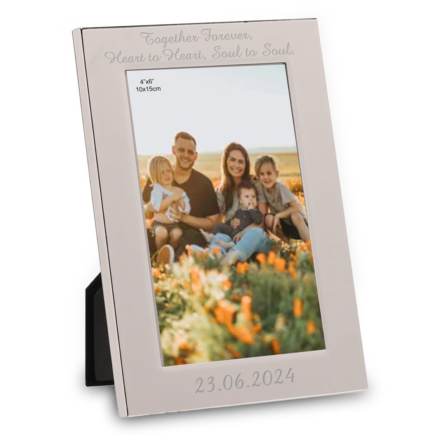 EIO Silver Photo Frame – Personalised Photo Gift 6” x 4” – Custom Frame – Engraved with Your Text – Rectangular Metal Customised Photograph Frame
