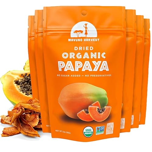 Mavuno Harvest Papaya - Snacks de frutas secas Rebanadas de papaya secas orgánicas Snacks saludables sin gluten para niños y adultos Sin azúcar