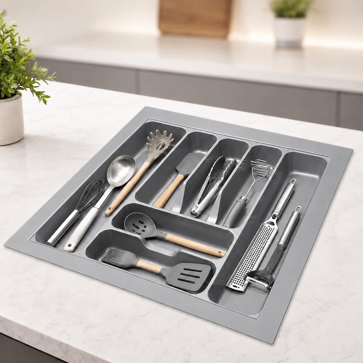 KEEPWELL Cutlery tray for kitchen drawer Flatware organizer Cutlery organizer tray for modular kitchen basket (Grey, 21X19 Inch)
