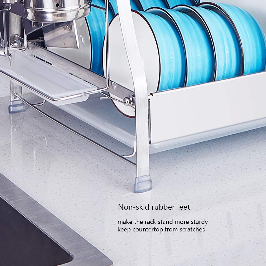 Escurridor de platos, 3 niveles con soporte para utensilios, soporte para tabla de cortar y escurridor de platos para encimera de cocina, estante de acero inoxidable plateado (tamaño: sin soporte