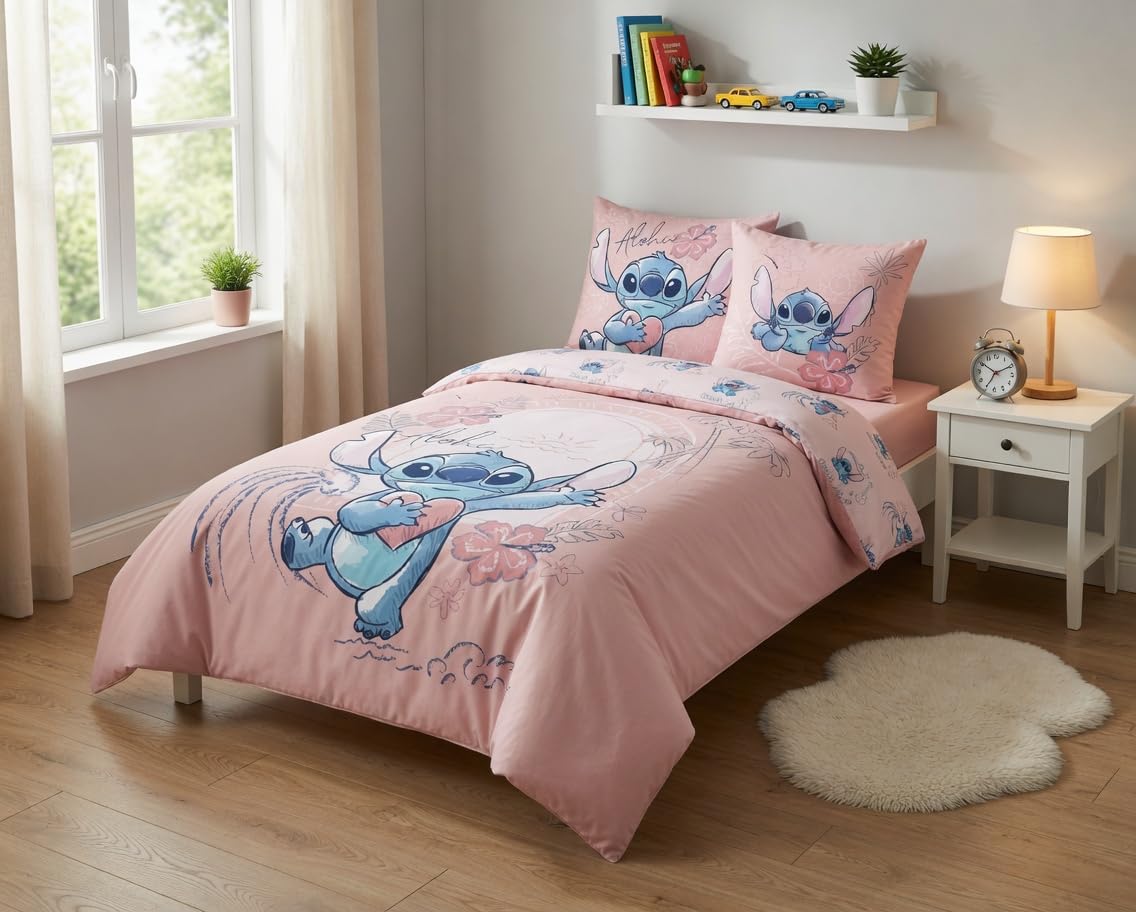 Stitch Rose Aloha Housse de Couette 140x200 + Taie 65x65 100% Coton Boutons | Parure de lit réversible 1 personne | Coton naturel Oeko-Tex | Disney | Fermeture boutons | Cadeau | Lavable en machine