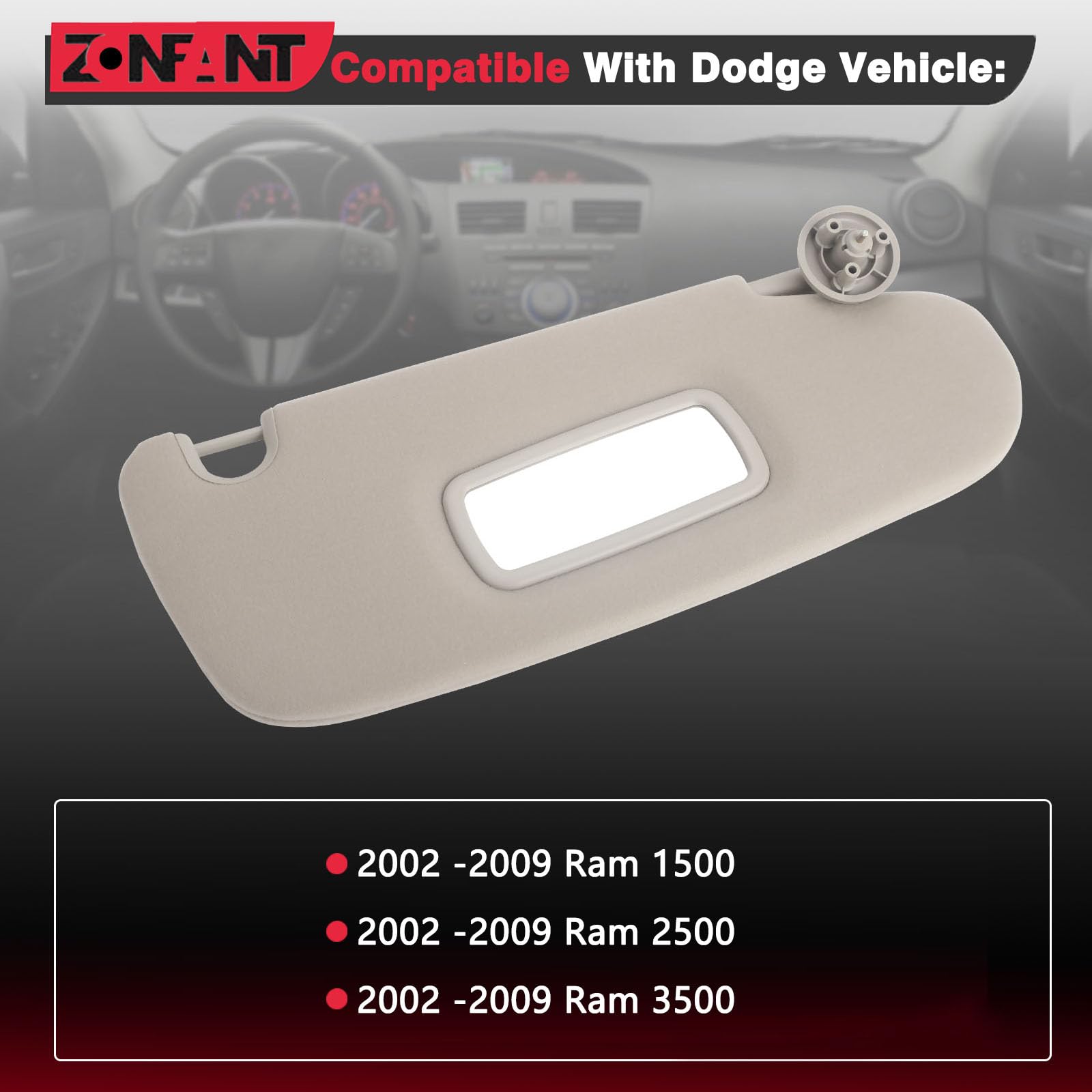 ZONFANT Grey Left Driver Side Sun Visor With Lamp And Mirror Without Sunroof Compatible With Infiniti Nissan Vehicle 2014-2017 QX60 JX35, 2013-2018