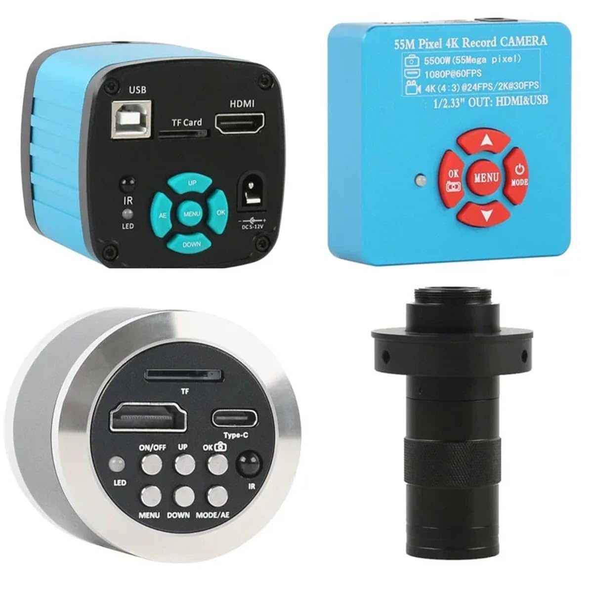 Microscopio 4K 2K 1080P 48MP 55MP HDMI USB oculare elettronico videomicroscopio fotocamera + zoom regolabile 130X obiettivo con attacco C 56 anello di luce a LED(48MP Camera with LED-01)