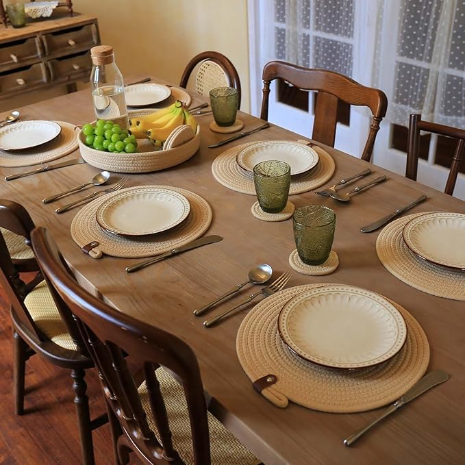 Image of Cotton Rope Placemat Set with Coasters and Holder 6 Pieces Round Woven Table | Mats Natural Beige Heat Resistant | Dining Table Decor | Durable Washable Kitchen Accessories