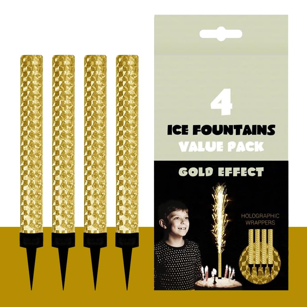 CRYSTAL25 Pack of 4 Ice Fountains Birthday Candles - Gold & Silver Birthday Candles for Cakes, Candles for Cake Decorations - Elegant Cake Toppers (Gold)