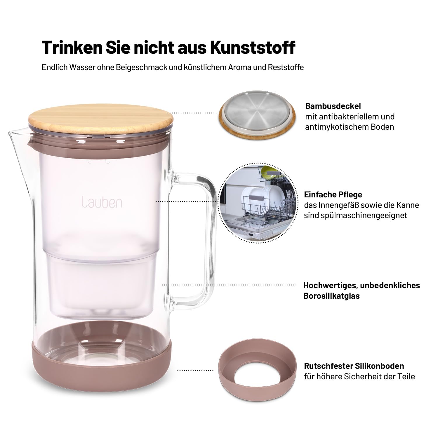 Lauben 25GW - Caraffa filtrante in vetro borosilicato 2,5 l, caraffa con 4 stadi di filtrazione contro calcare, cloro e metalli pesanti, 1 cartuccia filtrante, coperchio in bambù, acciaio inox