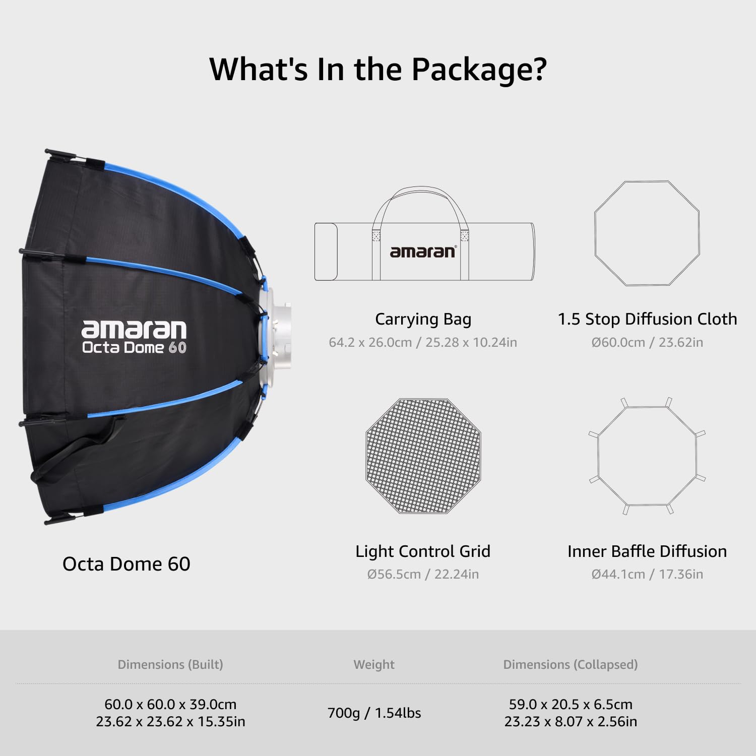 Amaran Octa Dome 60 Oktagonale Bowens Mount Softbox 60cm, EIN-Snap-Setup Lichtformer mit Diffusion & Wabe für Porträtfotografie & Interviews, Tragbar mit Tragetasche