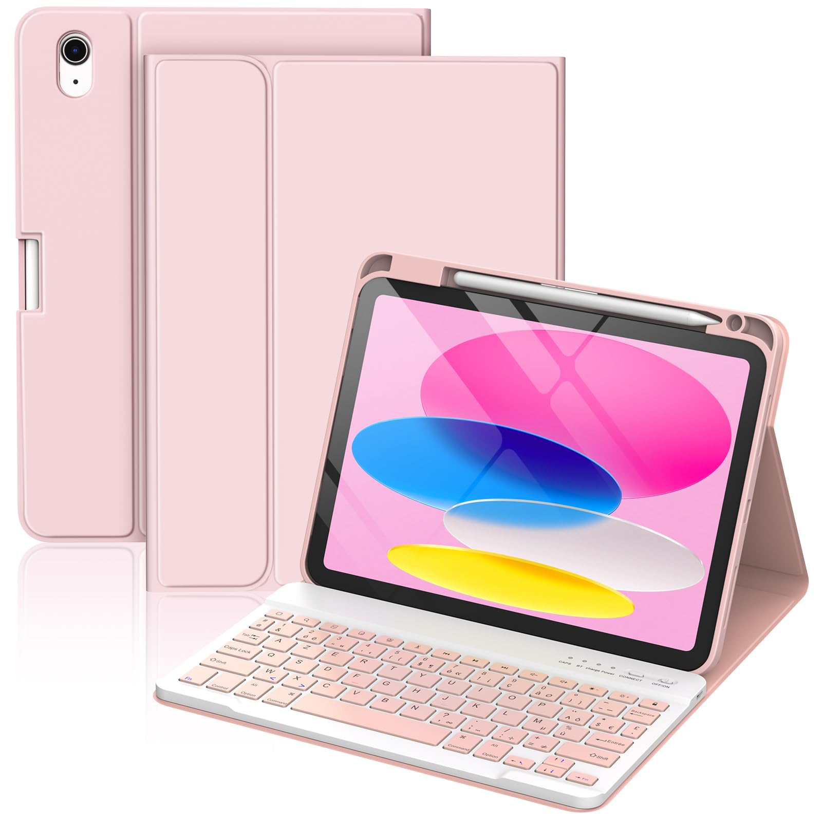 CC Store Coque Clavier pour iPad A16 11/10 Ème Generation (10.9 Pouces 2022/11 Pouces 2025), Étui Magnétique Keyboard avec Porte Crayon, Français AZERTY Layout, Rose