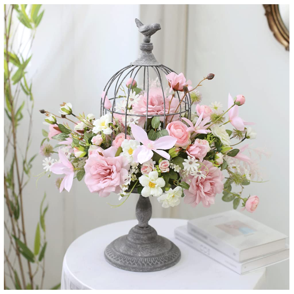Aioneer Fake Flowers Artificial Flowers With Vintage Birdcage Vase Fake Hydrangea Faux Arrangements In Vase For House Table Office Desk Decor Artificial Flowers