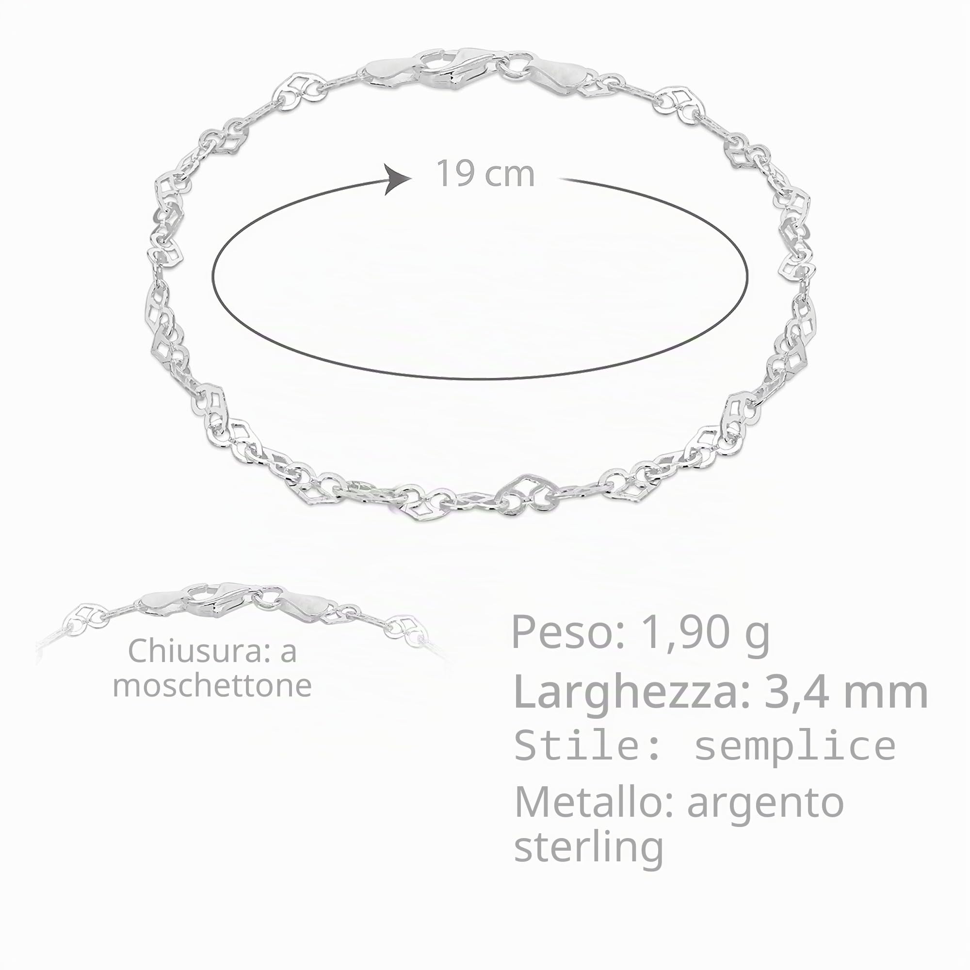 Tuscany Silver Bracciale da Donna in Argento Sterling 925, 19 cm