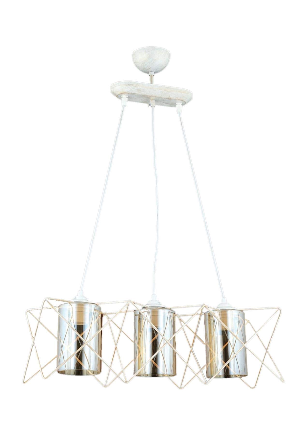 Avonni AV-65076-3Y-KRM Krem Boyalı Modern Avize, E27, Metal, Cam, 60x20 Cm