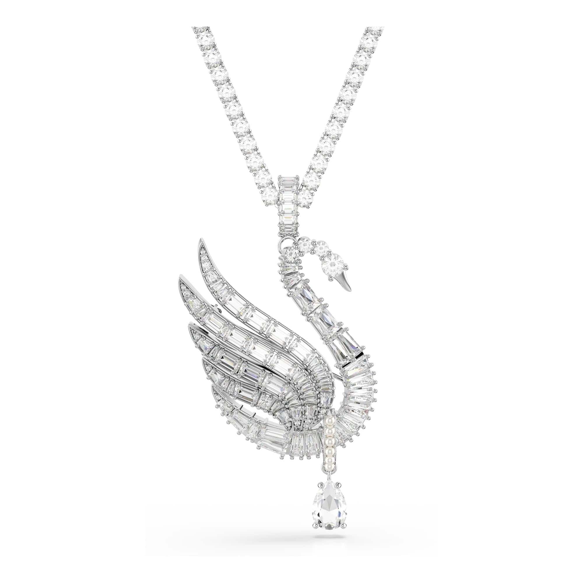 Swarovski Vienna Pendant And Brooch, Mixed Cuts, Swan, White, Rhodium Plated