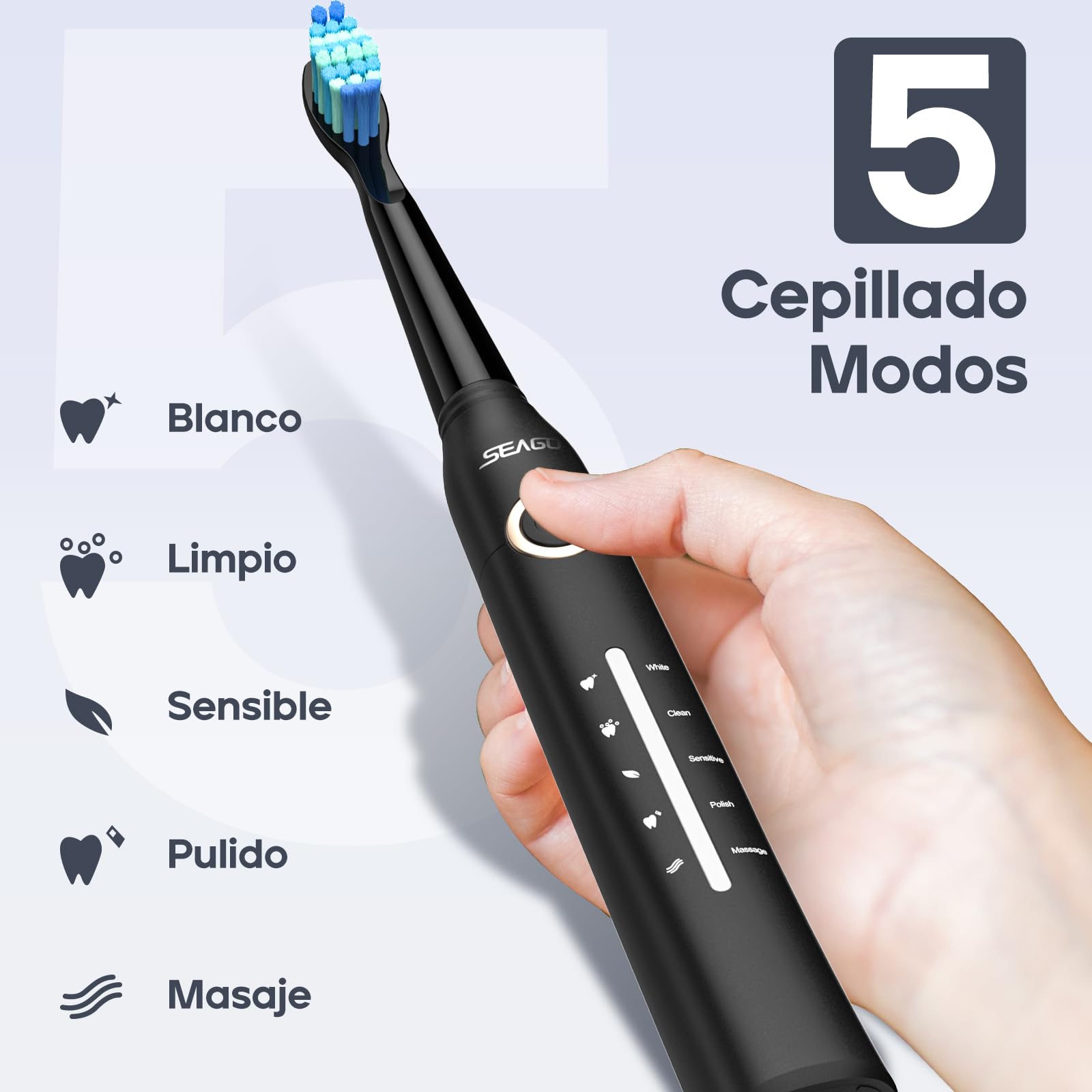 Seago cepillo de dientes eléctrico sónico, cepillo electrico con 8 cabezas, carga USB, cepillo de dientes eléctrico ultrasónicos 5 modos y temporizador, IPX7 Impermeable, para viaja (negro)