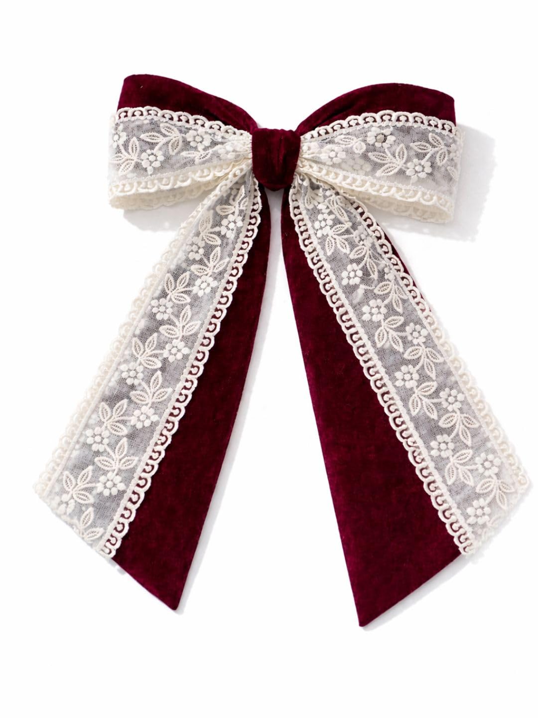 Maroon Velvet & Lace Hair Bow Clips for Women | Fancy Hair Accessory | Stylish Bowknot Hairpin Alligator Clip | Hair Bows for Girls | Hair Ties for All Occasions-image-4