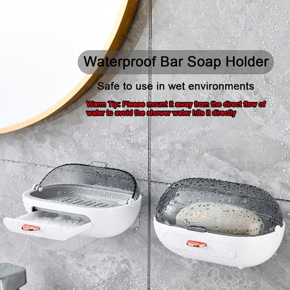 2 Pack Shower Soap Dish Holder with Lid, Bar Soap Container with Drain | Wall Mounted Soap Box Container for Shower, Bathroom, Bathtub, Kitchen Sink, Adhesive Included