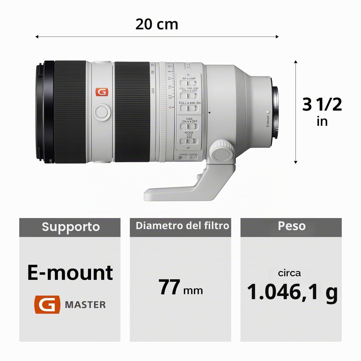 Sony - Teleobiettivo FE 70-200mm F2,8 GM OSS II full-frame ad apertura costante, Zoom serie G Master (SEL70200GM2), bianco