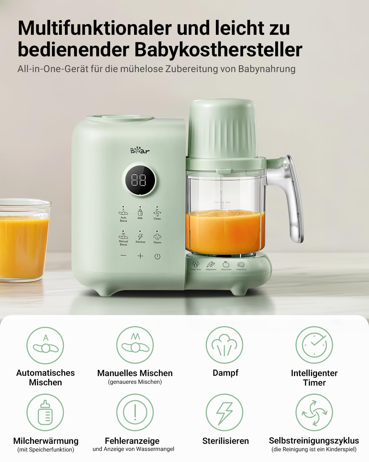 Bear 6-in-1 Dampfgarer mit Mixer Premium Babynahrungszubereiter,Dämpfen, automatisches Rühren, Milcherwärmung, Desinfektion, Selbstreinigungsfunktion, Automatische Reinigungsfunktion, BPA-frei (Grün)