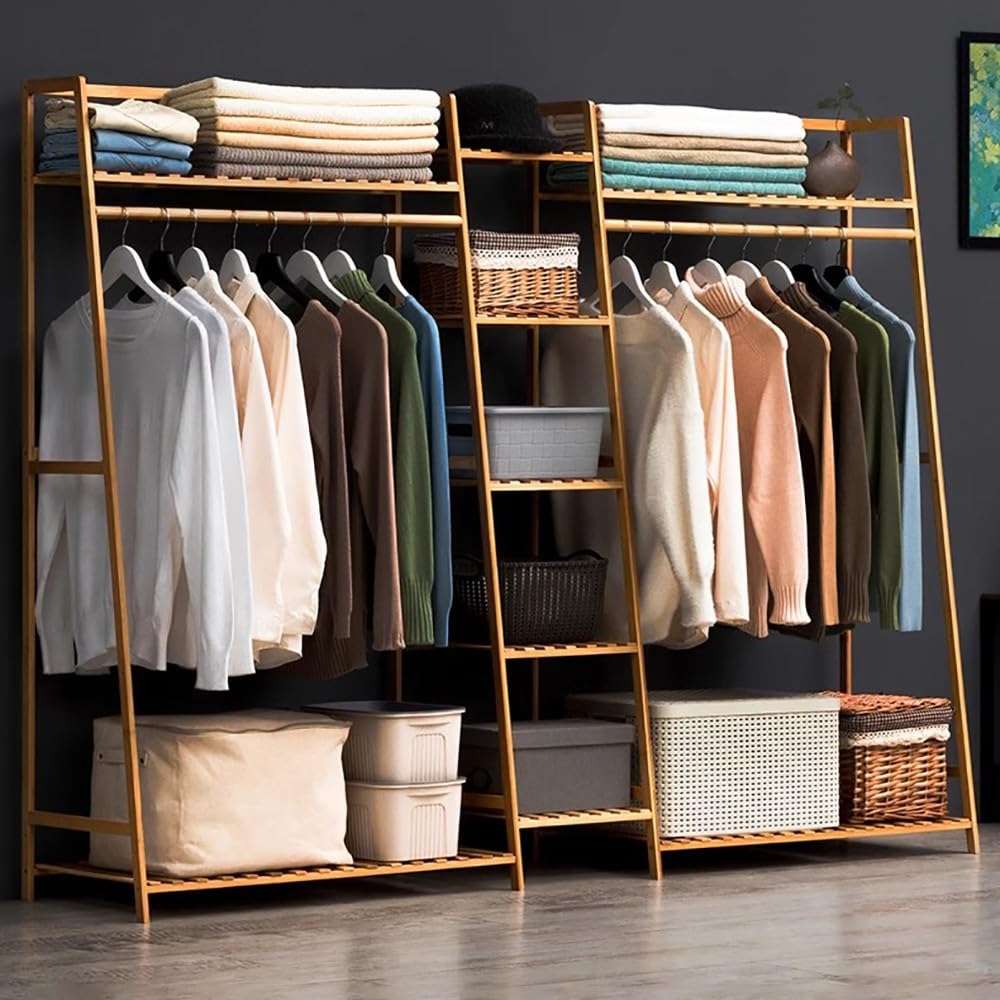 angroups Clothes Rail Clothes Rack with Shoe Rack, Garment Rack with 5 Tier Storage Rack and Tidy Rail, Bamboo Clothes Rail for Bedroom Living Room,Open Wardrobe Closet, Rustic Brown