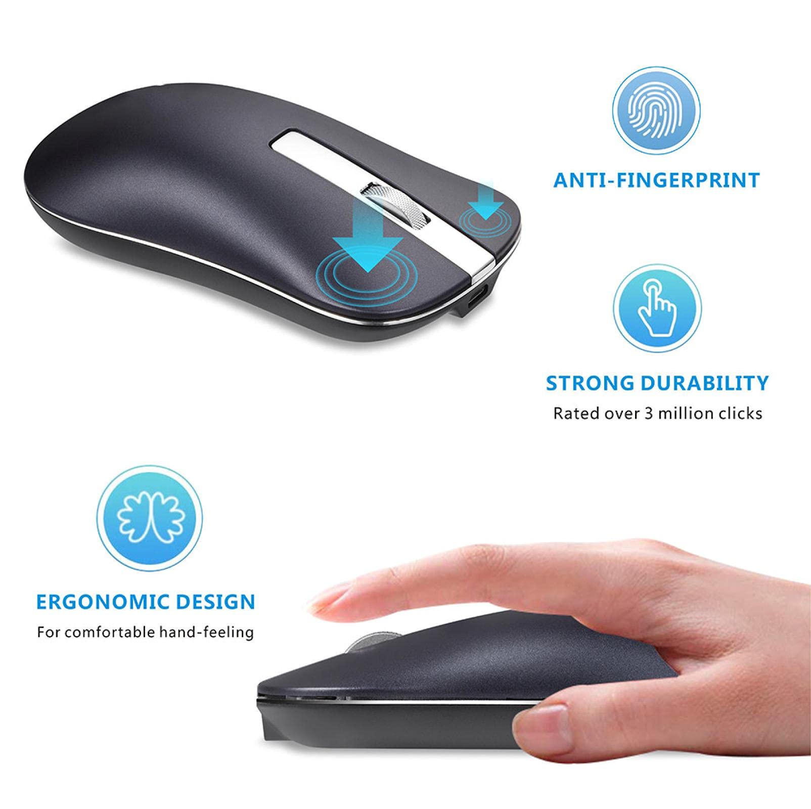 Ładowana mysz bezprzewodowa, mysz komputerowa jest cicha, nadaje się do komputera notebooka PC 2,4 GHz mini USB ergonomiczna bezgłośna mysz 2,4 GHz USB srebrna