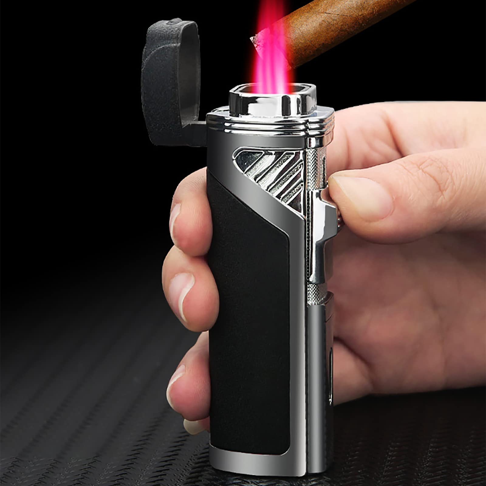 Paquete de 2 mecheros de antorcha de 4 encendedores de gas butano recargables, resistentes al viento, para parrilla, cocina, chimenea, camping (combustible no incluido), plateado, 82,5 x 29,5 mm