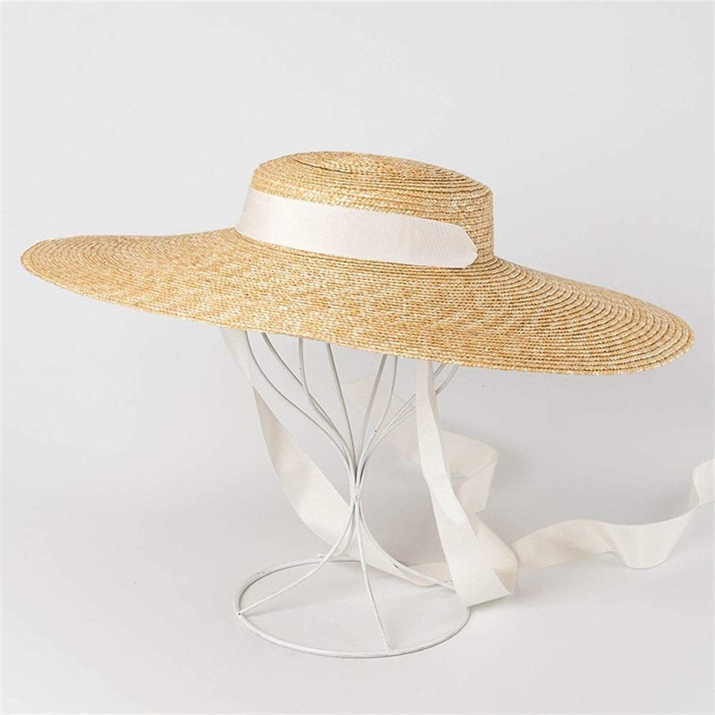 Wide Brim Boater Hat 19cm 15cm 10cm Krempe Strohhut Flache Frauen-Sommer-Hut-Weiß-Schwarz-Band-Bindung Sonnenhut Strand Cap (Color : Primary White Band, Size : 10cm Brim)