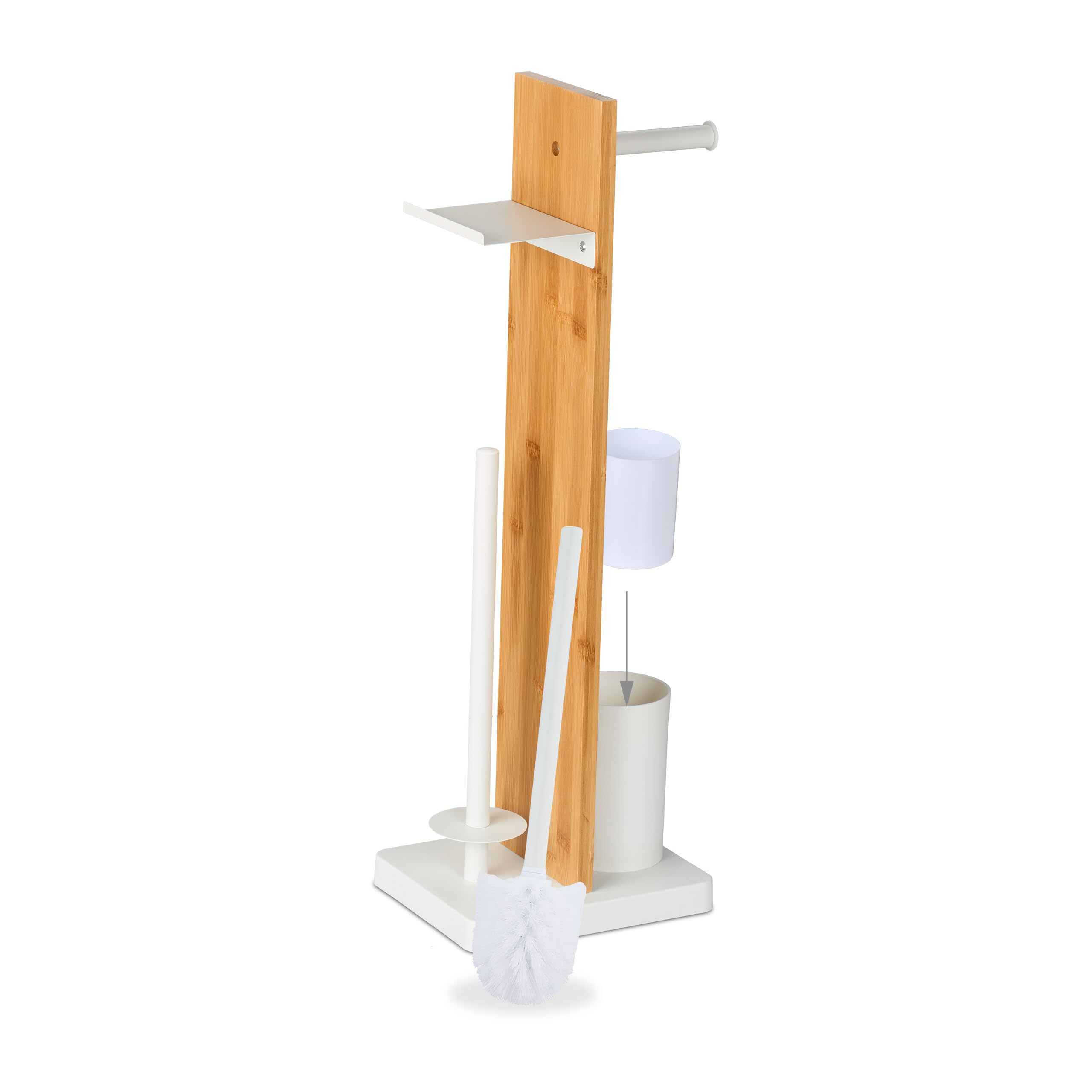Relaxdays Escobillero y Portarrollos Baño, Bambú, 68x27x18 cm, Balda, Vertical, Escobilla con Soporte, Blanco/Natural, Hierro, Plástico