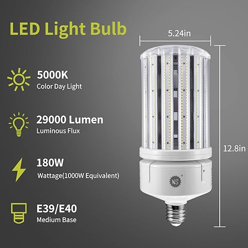 Miniatura 2 de NS Bombilla LED de maíz de 180 W, bombillas LED de maíz de 29000 lúmenes, súper brillante, 5000 K, bombilla de maíz de luz diurna E39, base Mogul