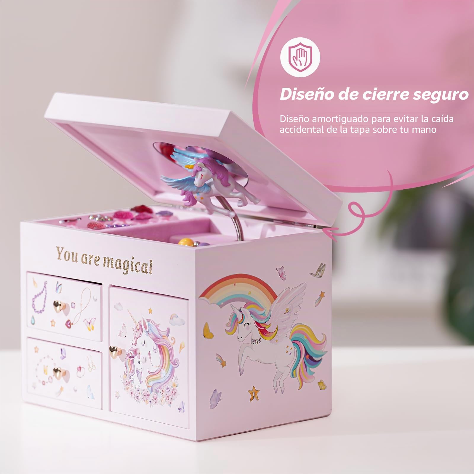 Lolalet Joyero de Madera para Niñas, Organizador de Joyería con Unicornio, Caja para Collar, Pendientes, Pulsera, Reloj, Pintalabios y Anillo - Rosa