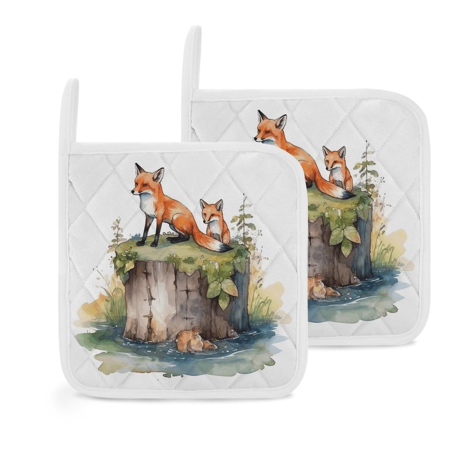 Btcowzrv Style Hand Drawn Fox 2 Pack Pot Holders For Kitchen, Heat Resistant Potholder Set With Hanging Loops, Hot Pads For Oven Baking Cooking