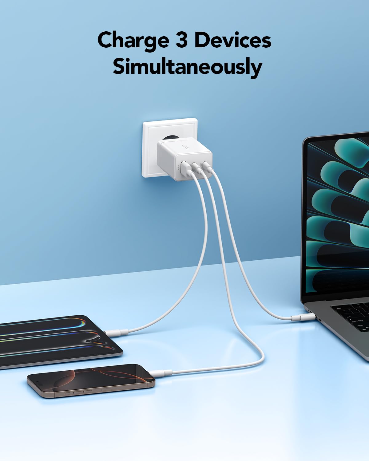 Cudy Caricatore USB C 67 W 3 porte, 2 Tipo C, 1 USB-A Presa Caricatore iPhone Ricarica Rapida, QC/PD 3.0 Parete Adattatore per iPhone, iPad, Samsung, Sony, CH67