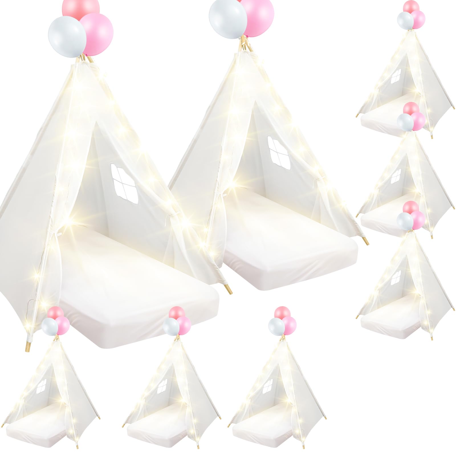 8 Pack Sleepover Tent for Girls Party,Teepee Tent for Kids Slumber Party Bulk with Light String,Air Mattress,Fitted Sheet,Washable Natural Cotton