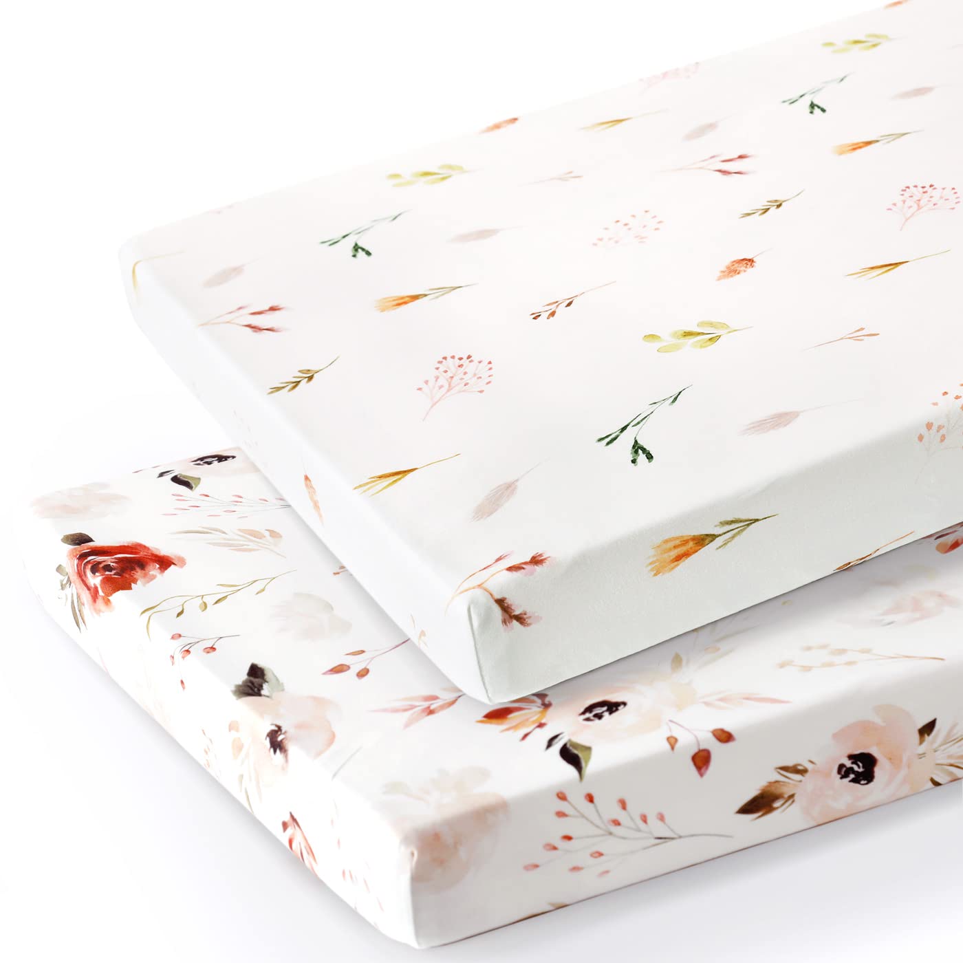 Juego de 2 sábanas elásticas ultra suaves de punto jersey Pack n Play, portátiles/minicunas con bolsillo profundo, almohadillas de ajuste universal, seguras y cómodas, bonita flor de rosa para niñas