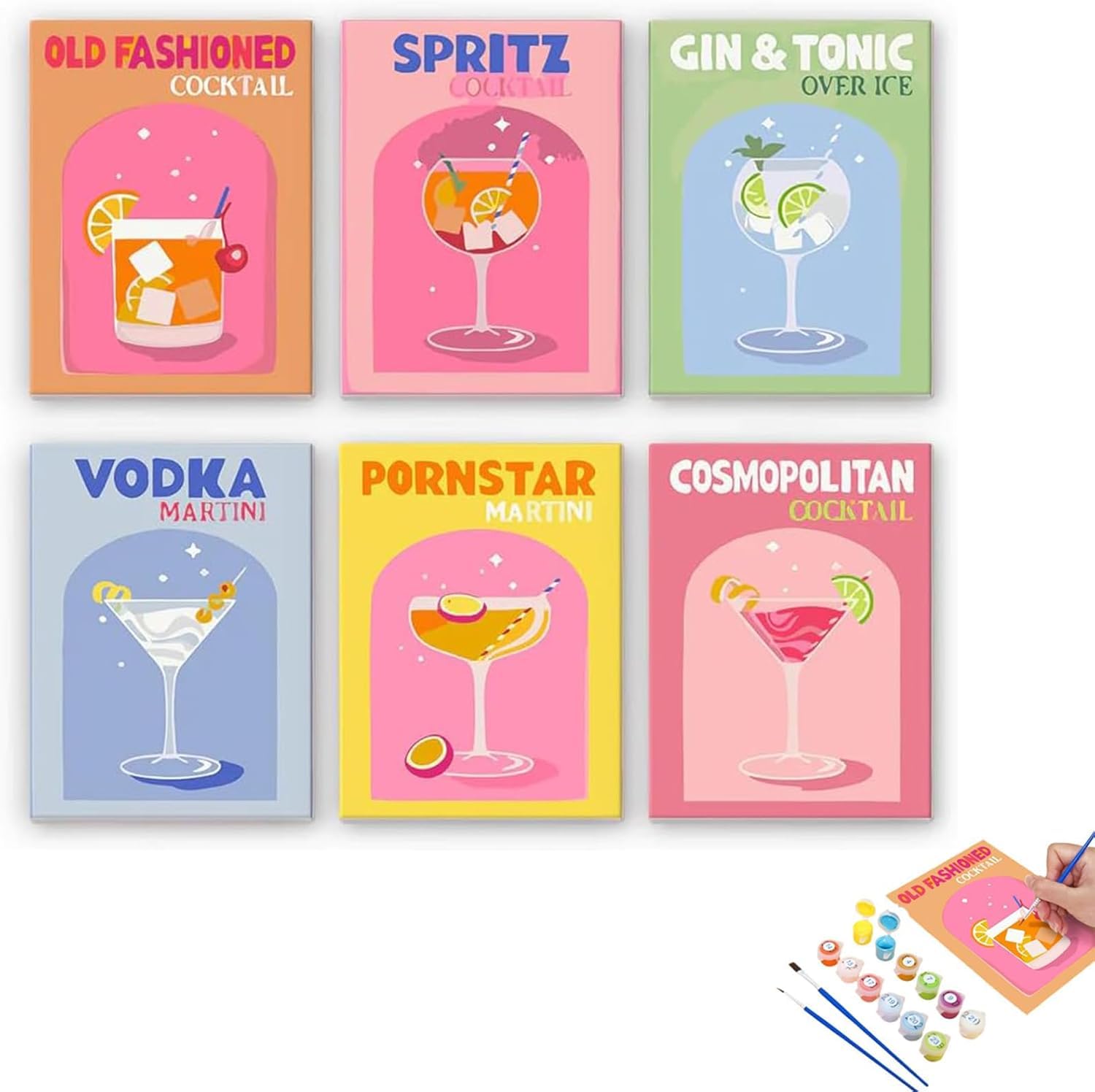 RUIQLXHANG Malen Nach Zahlen Cocktail, 6 Stück Mini Malen Nach Zahlen Set 15 x 20 cm, Selbermachen Handgemaltes Ölgemälde-Set für Erwachsene und Anfänger Mit Pinsel Und Acrylfarben (Mit Keilrahmen B)