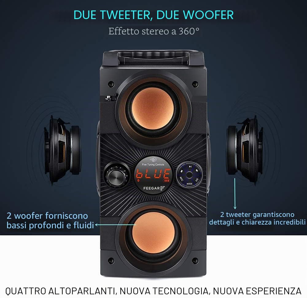 Feegar Dance Altoparlante Bluetooth Portatile Senza Fili 30m Doppio Subwoofer Stereo Ricco Supporta Radio FM Lettore MP3 AUX EQ 30W Boombox