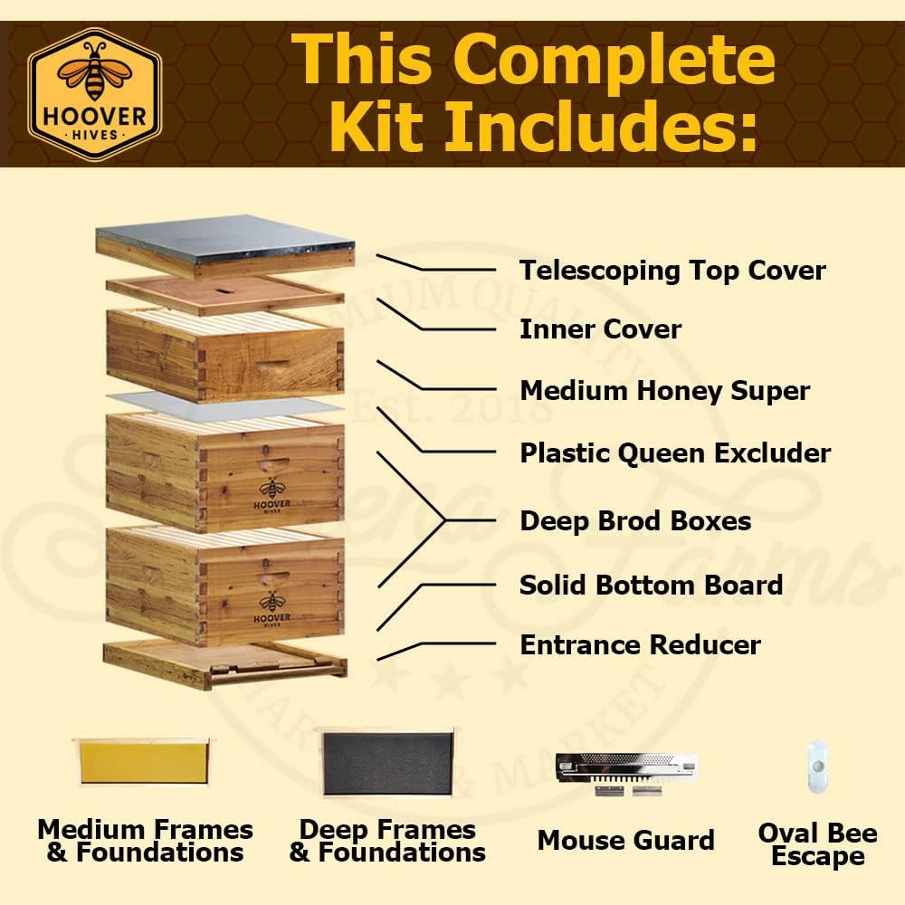 Hoover Hives 10 Frame Langstroth Beehive Dipped in 100% Beeswax Includes Wooden Frames & Waxed Foundations (2 Deep Boxes, 1 Medium Box)
