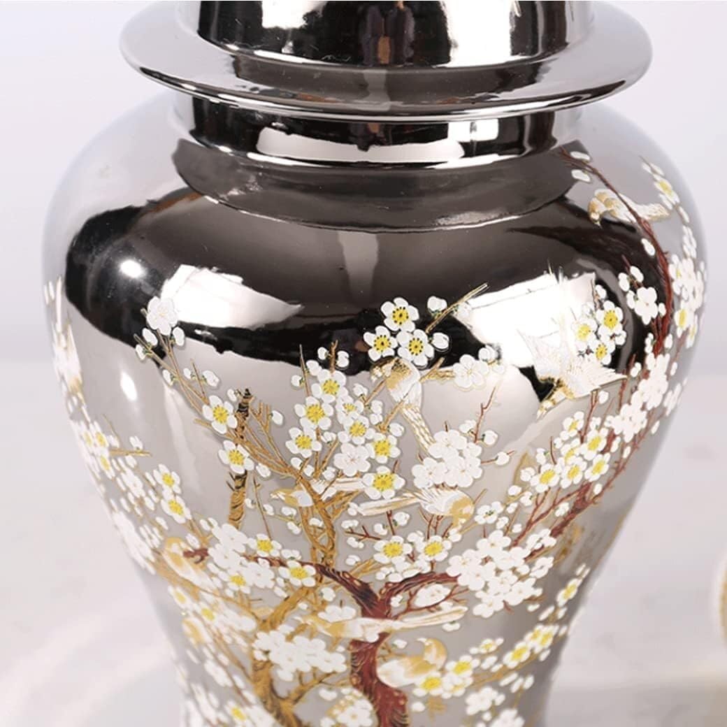 Food Storage Jar,Decorative Jar Ginger Jar Vase Decor Ceramic Silver Ginger Jar with Lid Handed Tree Decorative Porcelain Jars Temple Jar with Lids Ginger Jars Storage,A-23.5 * 47Cm