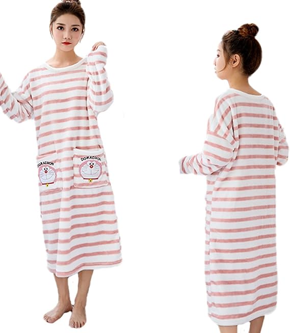 Amazon ドラえもん パジャマ ワンピース スカート レディース 服 ねまき 韓国 可愛い ミンクフリース 秋冬 ロング丈 暖かい 厚手 ふわもこ ルームウェア 部屋着 長袖 室内 室外 フリース 女性 家居服 どらえもん 友達 ペア パジャマ ルームウェアセット 通販