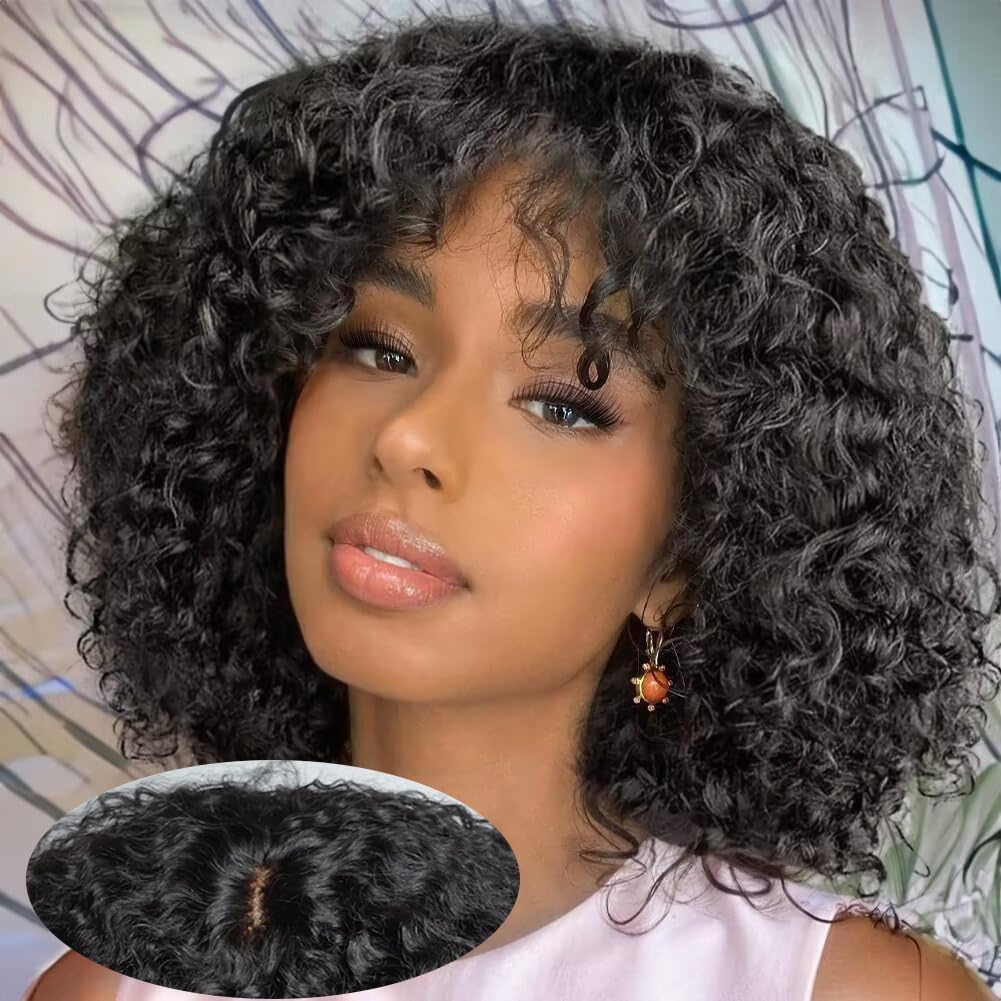 curly bob wigs for women human hair 10 inch 2x1 Lace front bob wig with bangs 180 density brazilian 10a grade human hair wig natural color glueless wigs for black women.