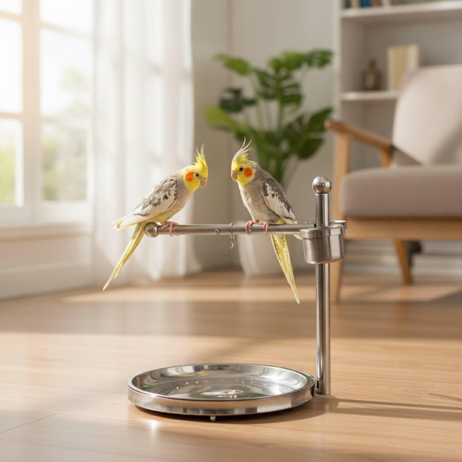 Percha Acero Inoxidable con Comeros Resistente Versátil para Aves Jóvenes, Soporte De Pie De Pájaro De Acero Inoxidable Tipo 7 con Bandeja Redonda - Grande